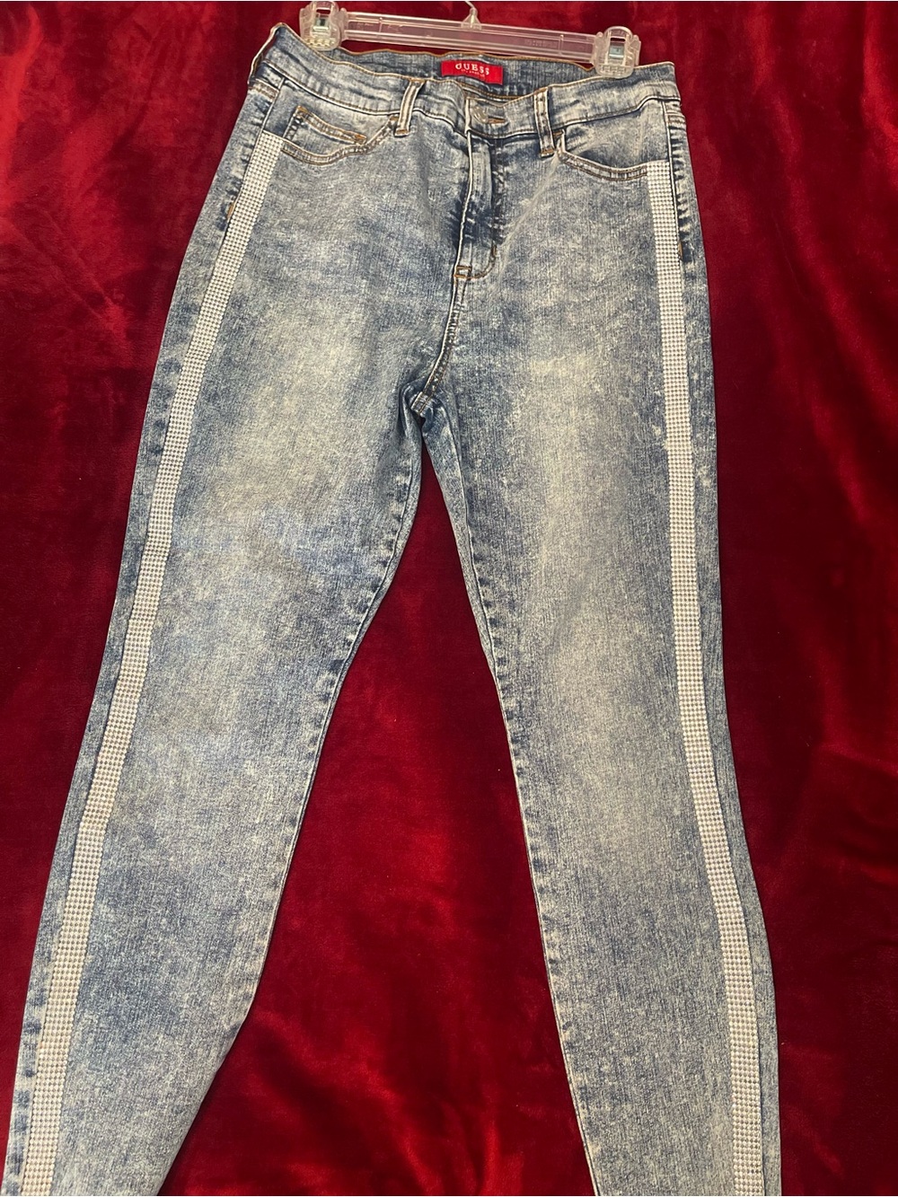 Guess Light Blue Acid-Wash Skinny Jeans with Rhinestone Side Stripes